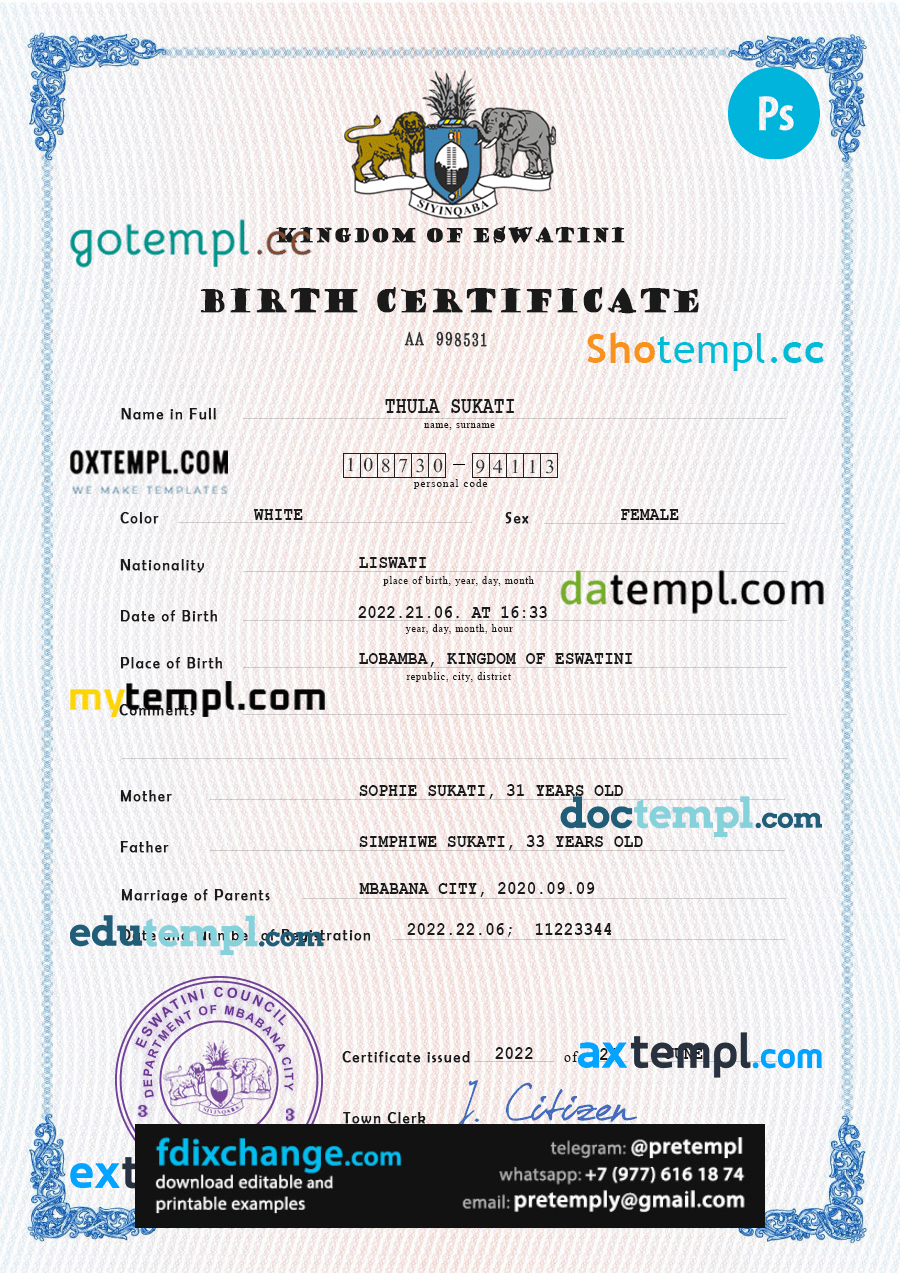 download Eswatini vital record birth certificate template free fonts, completely editable