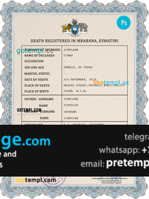 download Eswatini vital record death certificate template free fonts, completely editable
