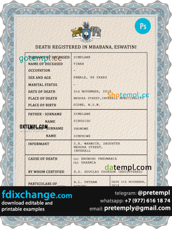 download Eswatini vital record death certificate template free fonts, completely editable
