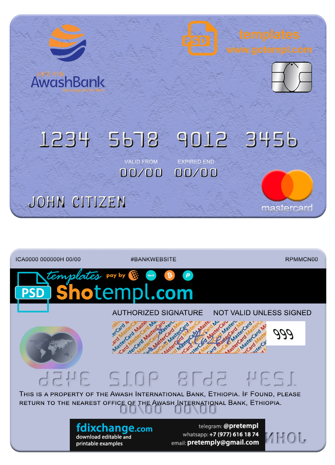 download Ethiopia Awash International Bank mastercard credit card template free fonts