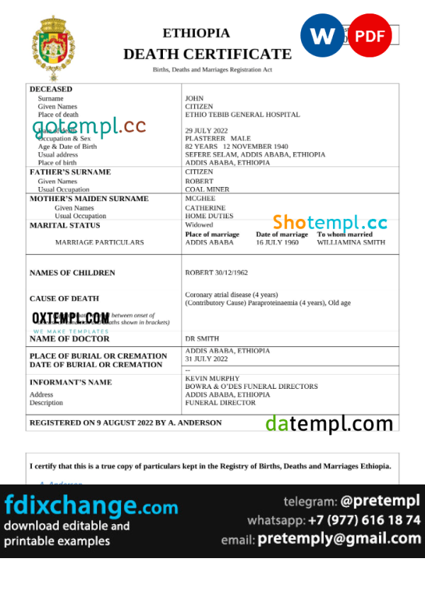 download Ethiopia vital record death certificate template free fonts