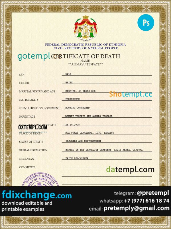download Ethiopia vital record death certificate template free fonts