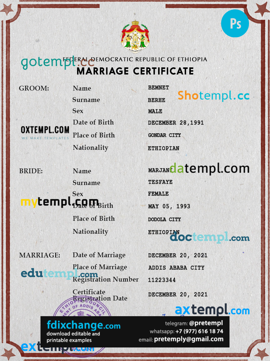 download Ethiopia marriage certificate template free fonts