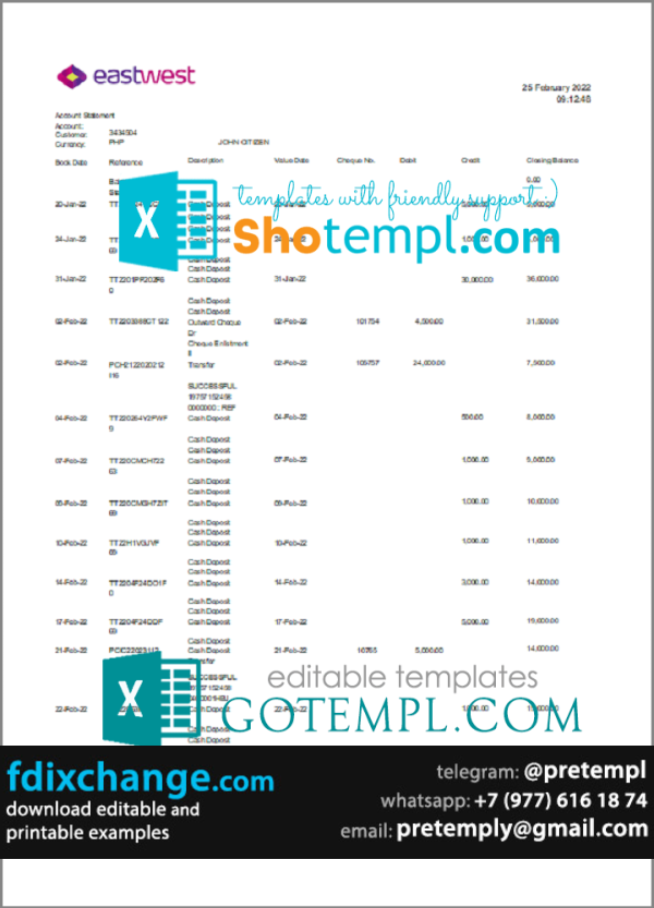 download Philippines EastWest bank statement template free fonts