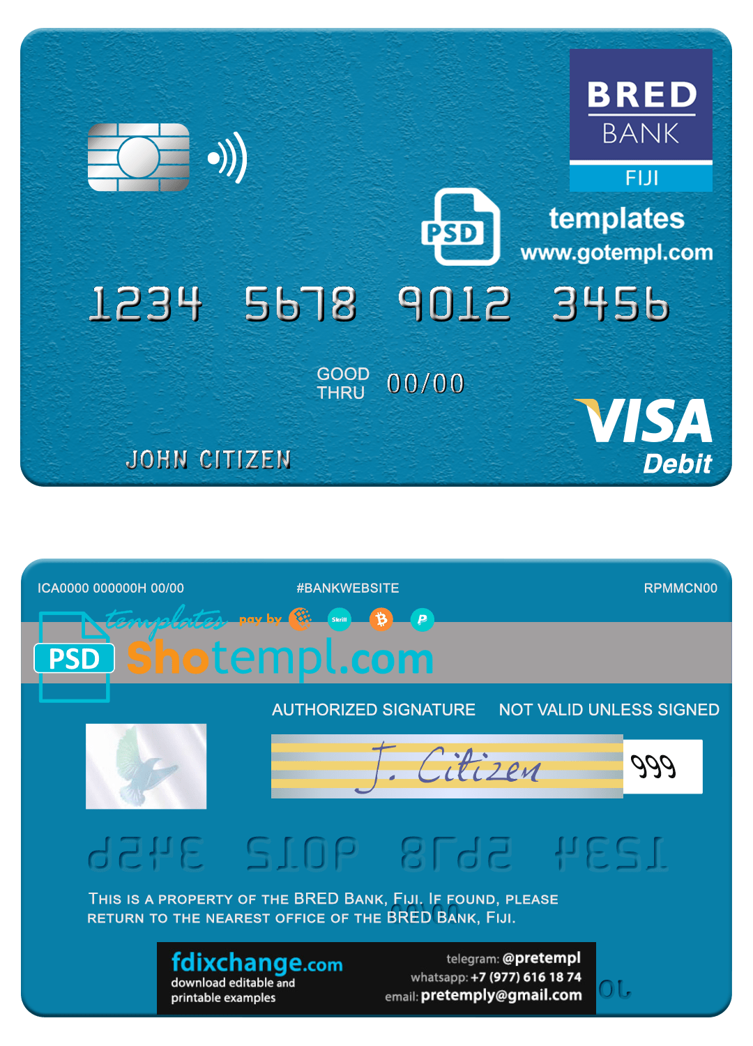 download Fiji BRED Bank visa debit credit card template free fonts
