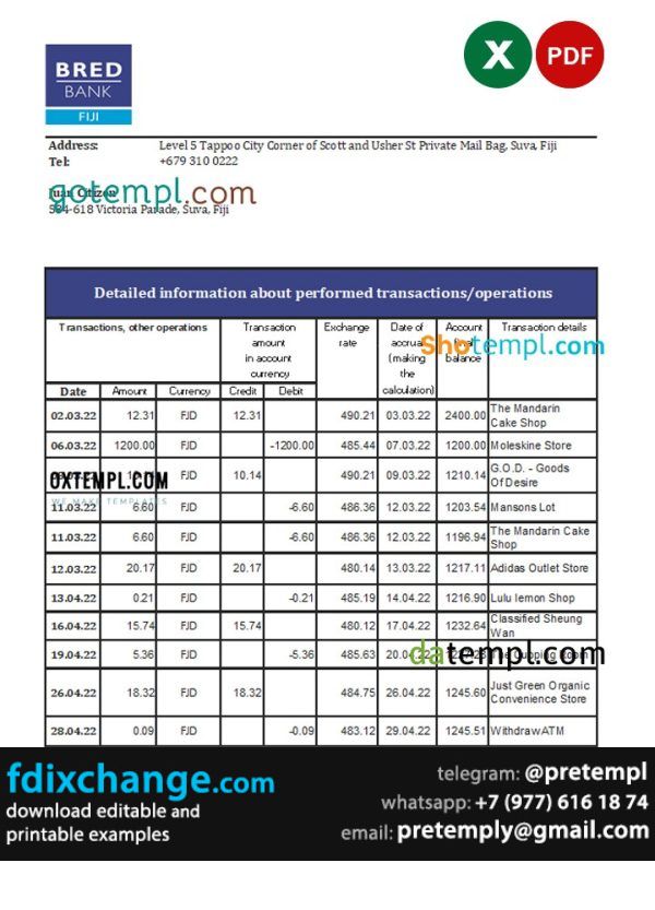 download Fiji Bred bank statement template free fonts