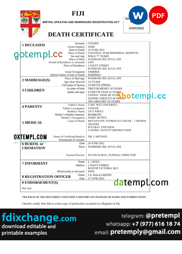 download Fiji vital record death certificate template free fonts