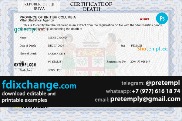 download Fiji death certificate template free fonts, completely editable