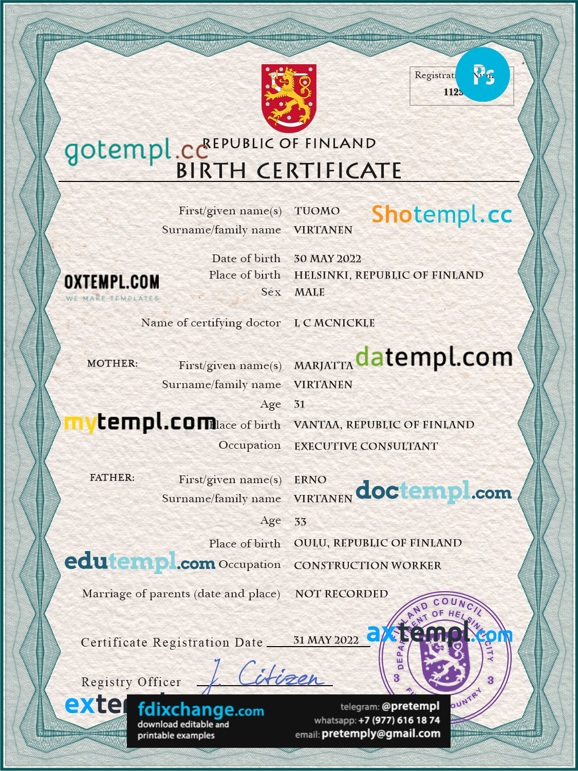download Finland vital record birth certificate template free fonts