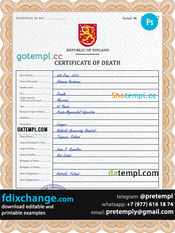download Finland death certificate template free fonts, completely editable