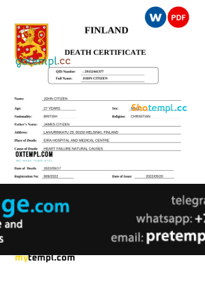 download Finland death certificate template free fonts, completely editable