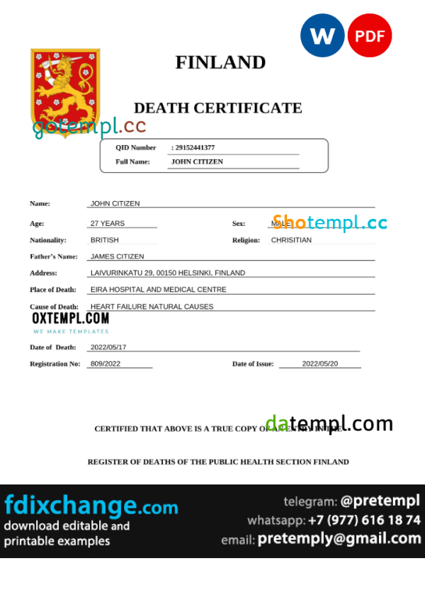 download Finland death certificate template free fonts, completely editable