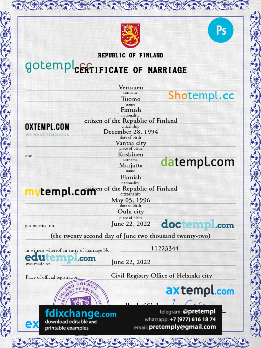download Finland marriage certificate template free fonts