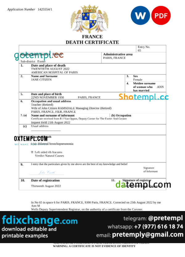 download France vital record death certificate template free fonts