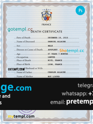 download France vital record death certificate template free fonts, completely editable