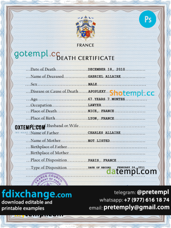 download France vital record death certificate template free fonts, completely editable