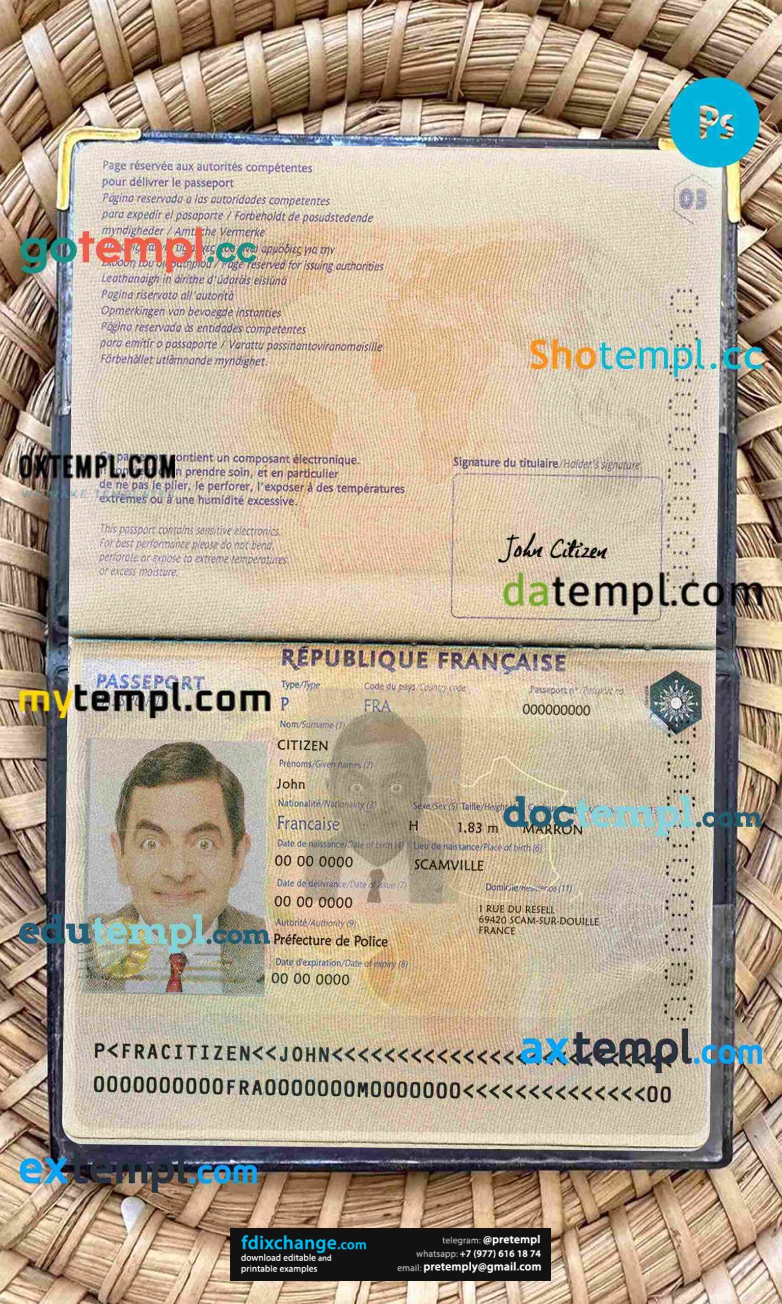download France passport version 2 PSD files, scan and photo look templates, 2 in 1