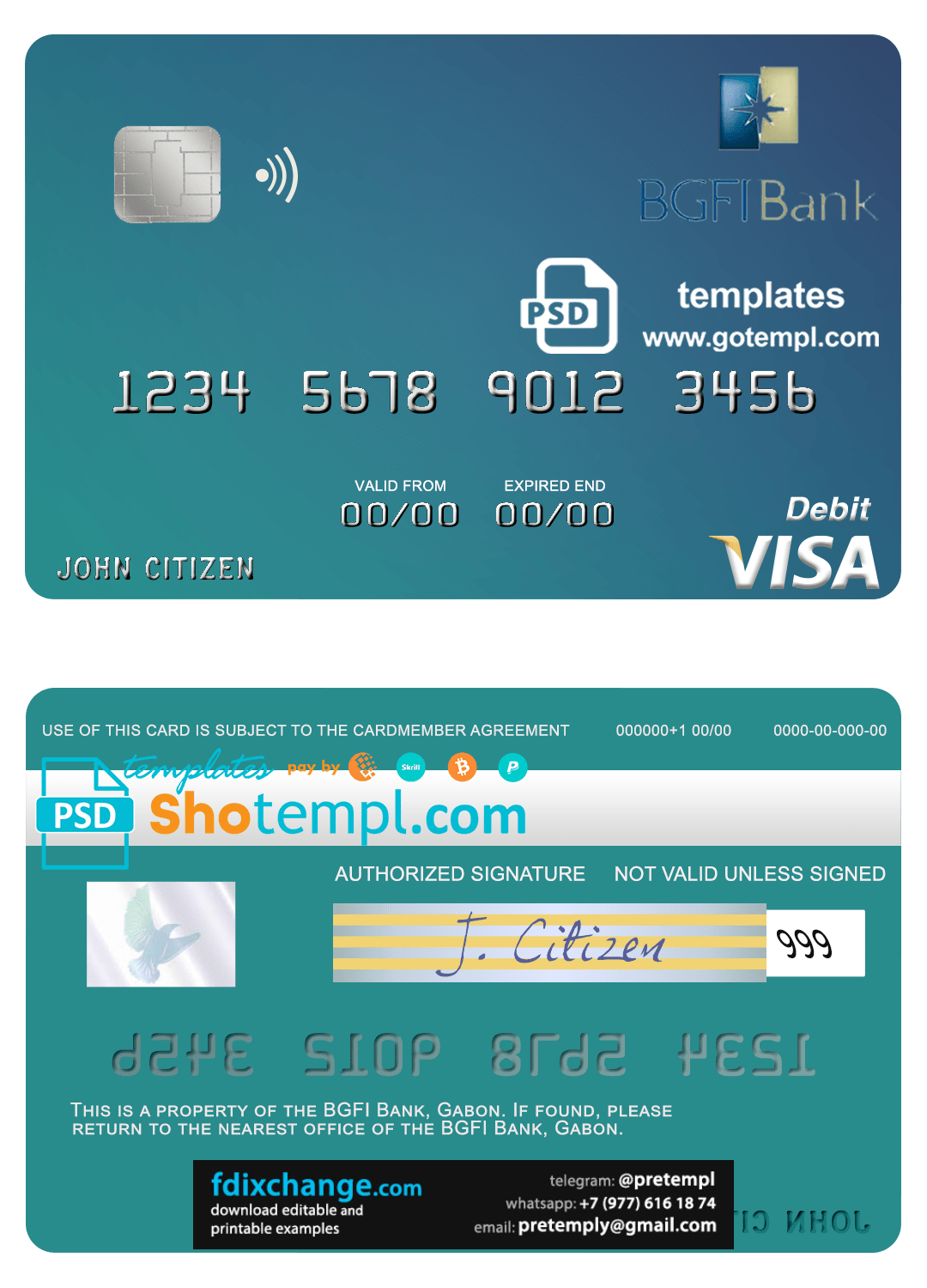 download Gabon BGFI Bank visa debit card template free fonts