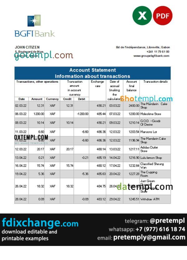 download Gabon BGFI bank statement template free fonts