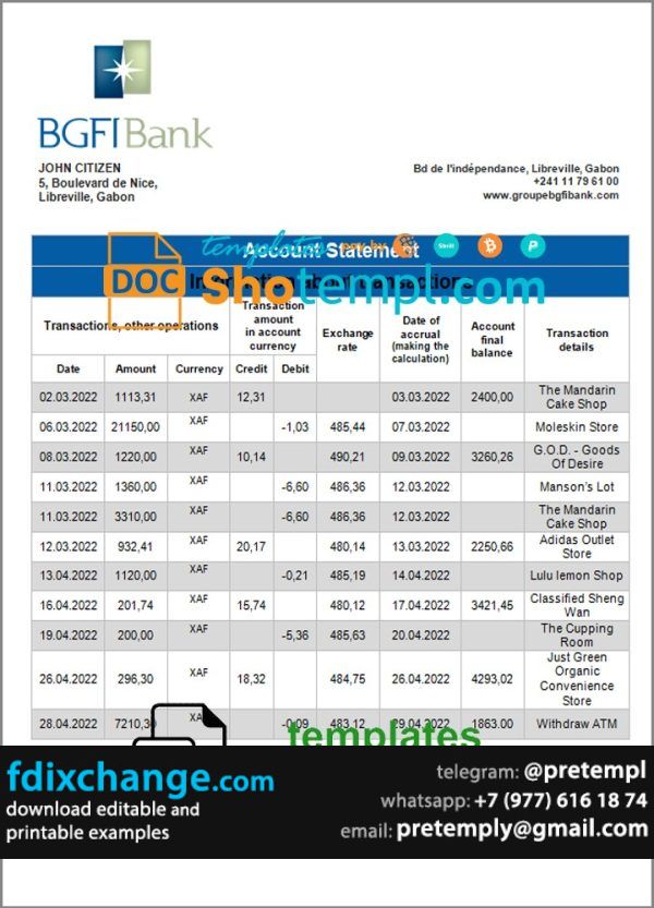 download Gabon BGFI bank statement template free fonts