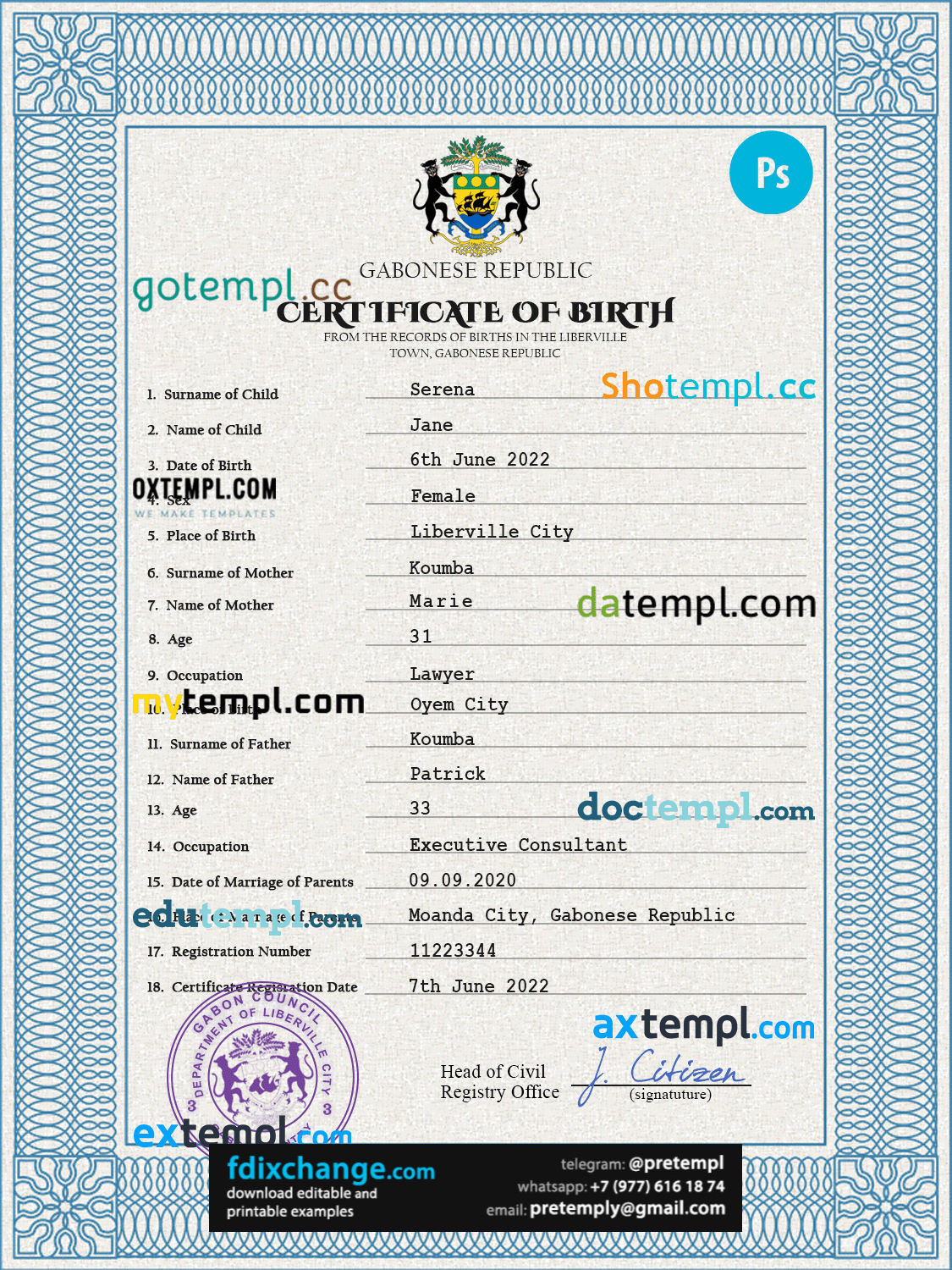 download Gabon birth certificate template free fonts, completely editable