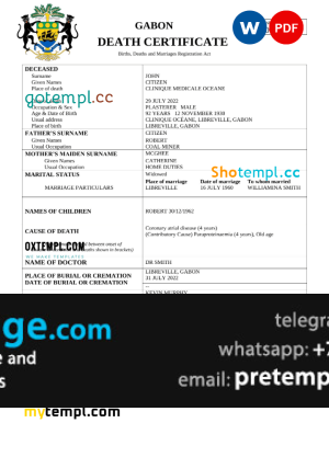 download Gabon death certificate template free fonts, completely editable