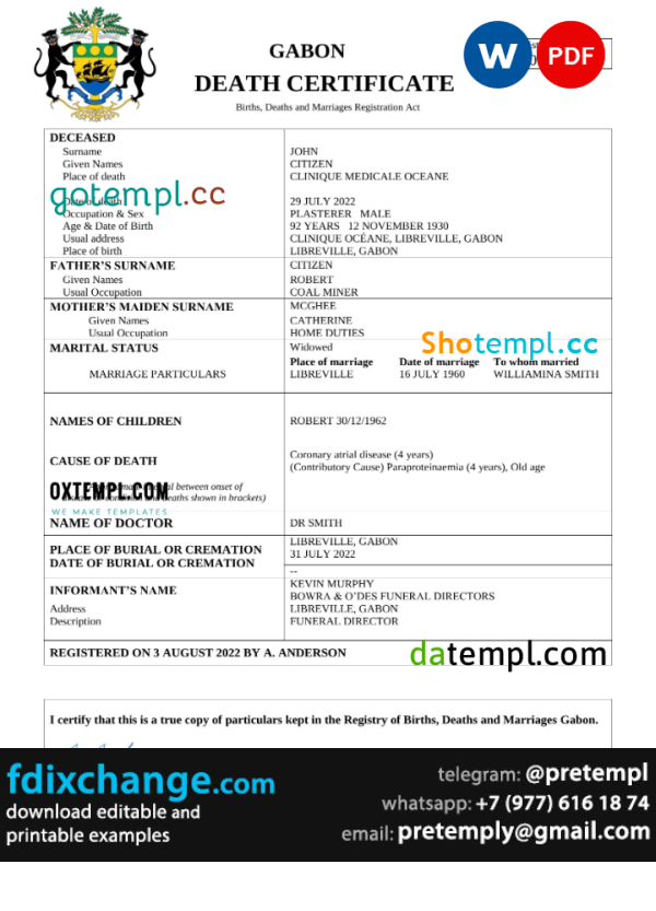 download Gabon death certificate template free fonts, completely editable