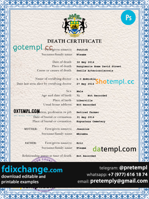 download Gabon vital record death certificate template free fonts