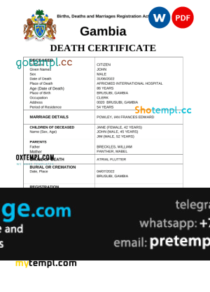 download Gambia vital record death certificate template free fonts