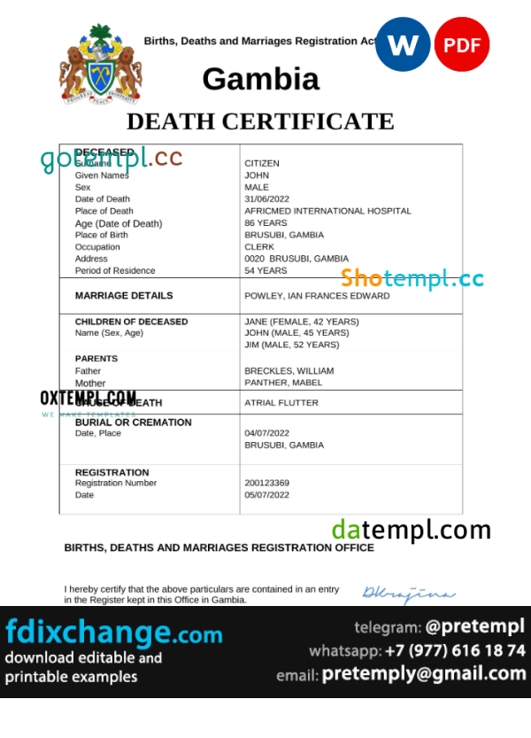 download Gambia vital record death certificate template free fonts