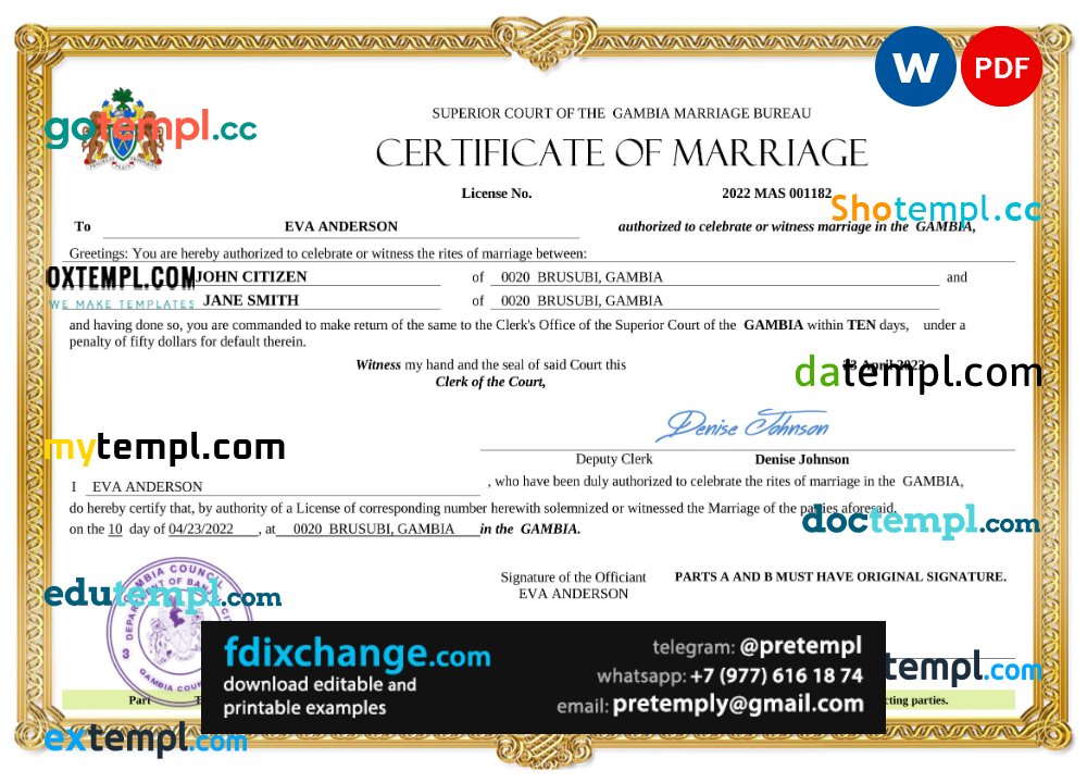 download Gambia marriage certificate template free fonts, completely editable