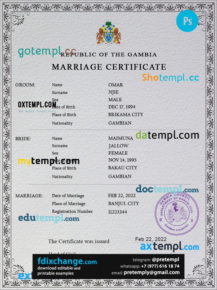 download Gambia marriage certificate template free fonts, completely editable