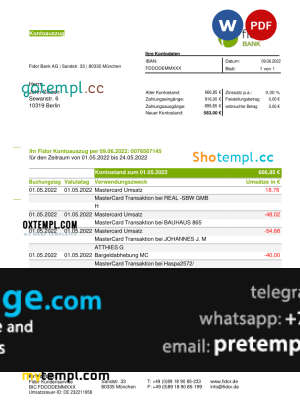 download Germany Fidor bank statement, template free fonts