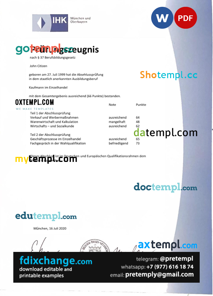 download Germany IHK Munich examination certificate template free fonts