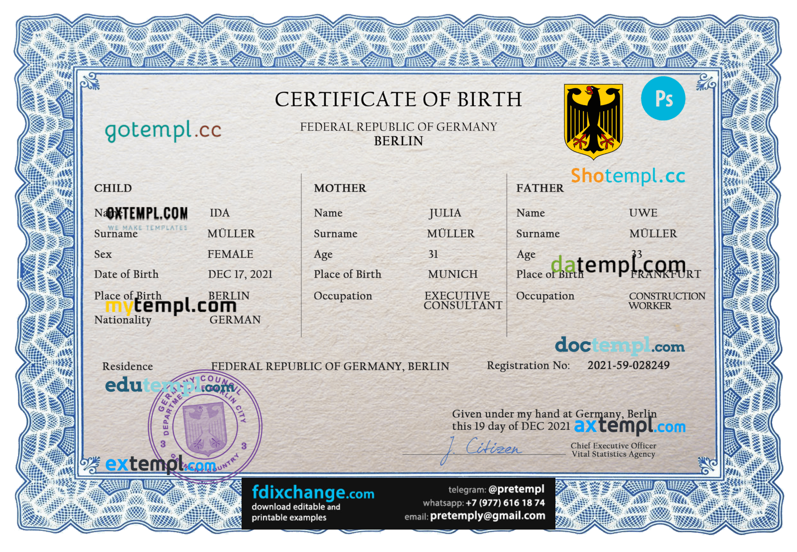 download Germany vital record birth certificate template free fonts, completely editable