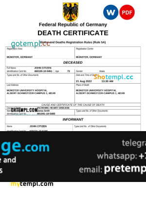 download Germany death certificate template free fonts, completely editable