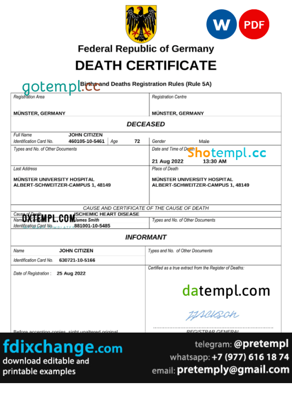 download Germany death certificate template free fonts, completely editable