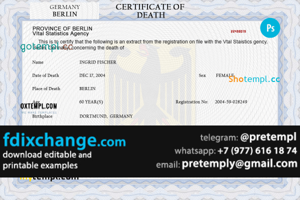 download Germany death certificate template free fonts, completely editable