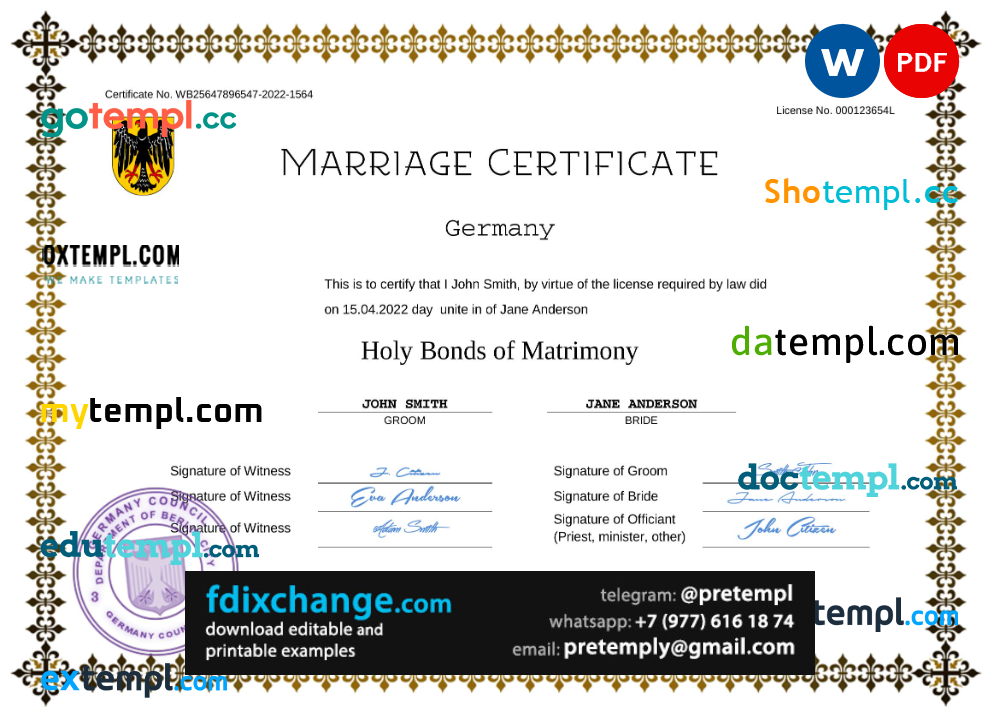 download Germany marriage certificate template free fonts, completely editable