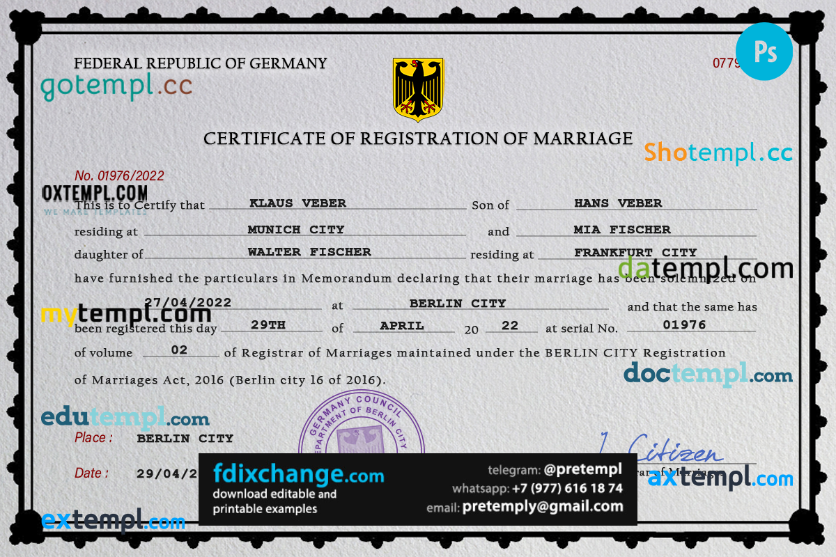 download Germany marriage certificate template free fonts, completely editable