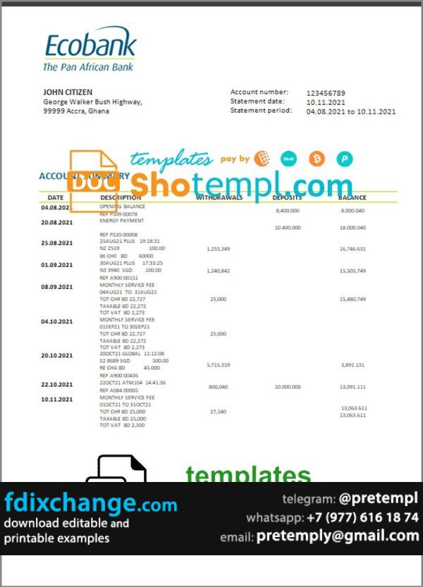 download Ghana Ecobank proof of address bank statement template free fonts