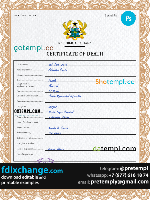download Ghana vital record death certificate template free fonts, completely editable