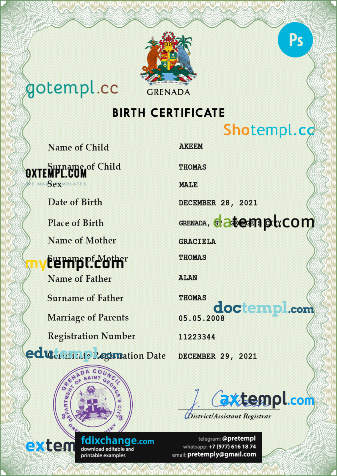 download Grenada vital record birth certificate template free fonts