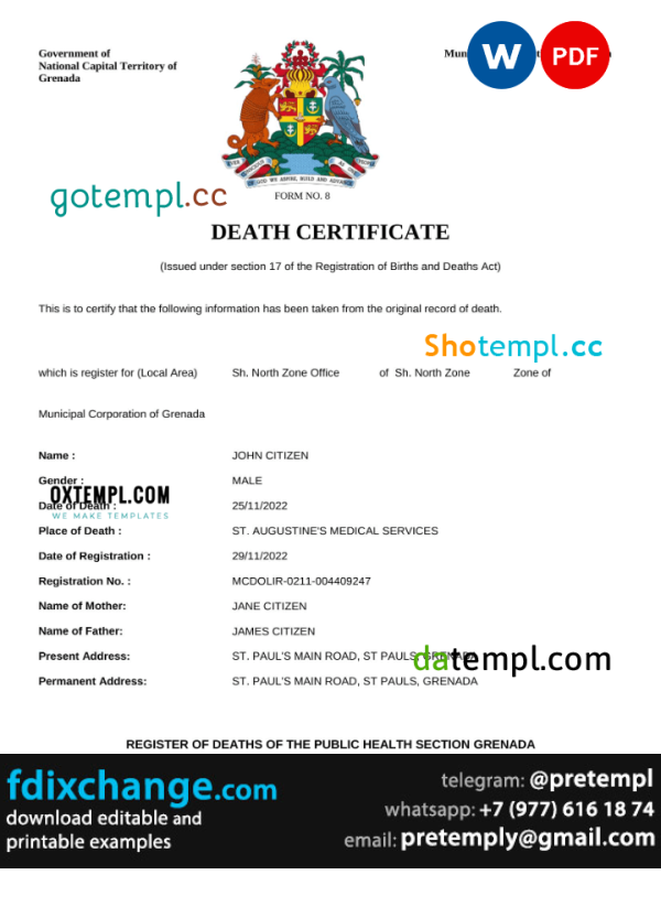 download Grenada vital record death certificate template free fonts