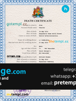 download Grenada death certificate template free fonts, completely editable