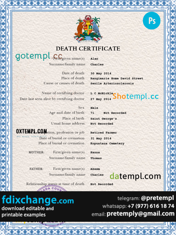download Grenada death certificate template free fonts, completely editable