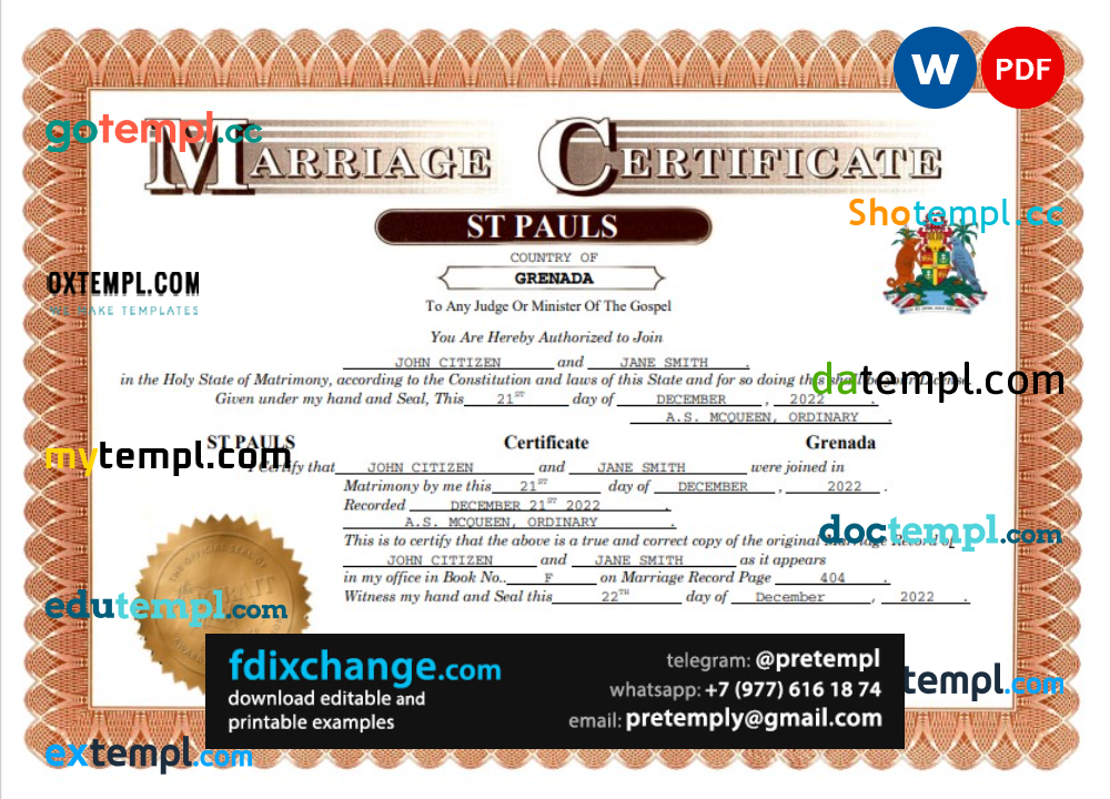 download Grenada marriage certificate template free fonts, fully editable