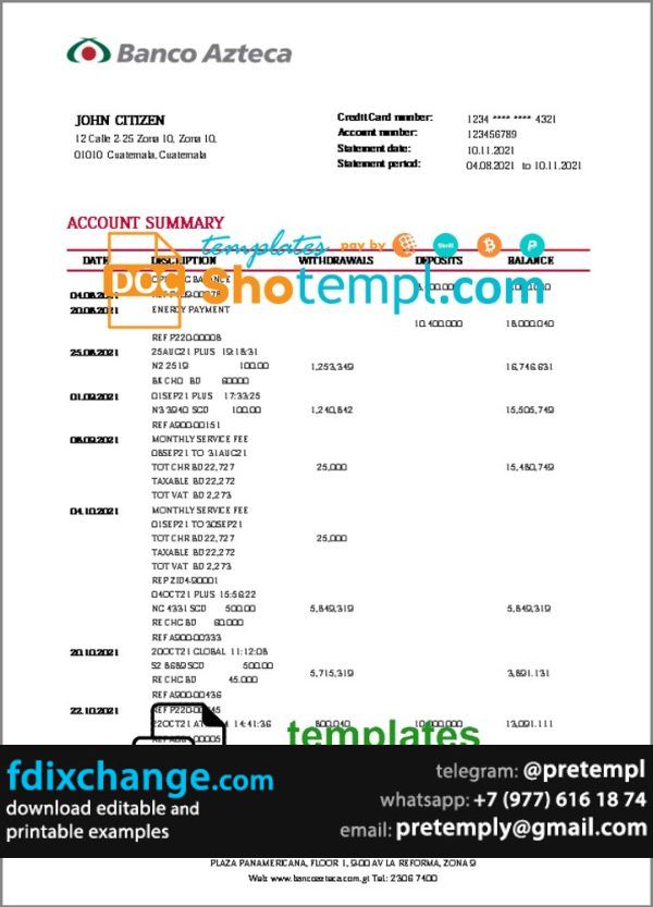 download Guatemala Azteca proof of address bank statement template free fonts