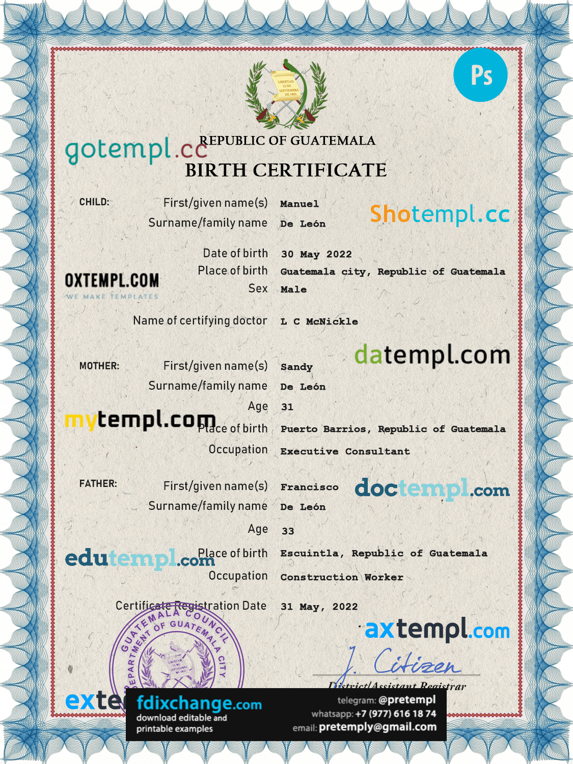 download Guatemala vital record birth certificate template free fonts