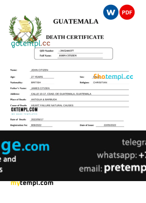 download Guatemala death certificate template free fonts, completely editable